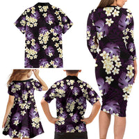 Purple Tropical Hawaii Family Matching Long Sleeve Bodycon Dress and Hawaiian Shirt Seamless Monstera Plumeria Hawaiian Pattern LT14 - Polynesian Pride