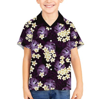 Purple Tropical Hawaii Family Matching Off The Shoulder Long Sleeve Dress and Hawaiian Shirt Seamless Monstera Plumeria Hawaiian Pattern LT14 Son's Shirt Purple - Polynesian Pride