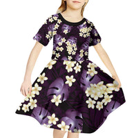 Purple Tropical Hawaii Kid Short Sleeve Dress Seamless Monstera Plumeria Hawaiian Pattern - Polynesian Pride