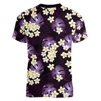 Purple Tropical Hawaii Women V-Neck T-Shirt Seamless Monstera Plumeria Hawaiian Pattern LT14 - Polynesian Pride