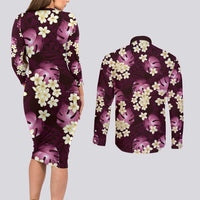 Pink Tropical Hawaii Couples Matching Long Sleeve Bodycon Dress and Long Sleeve Button Shirt Seamless Monstera Plumeria Hawaiian Pattern LT14 - Polynesian Pride