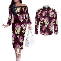Pink Tropical Hawaii Couples Matching Off The Shoulder Long Sleeve Dress and Long Sleeve Button Shirt Seamless Monstera Plumeria Hawaiian Pattern LT14 Pink - Polynesian Pride