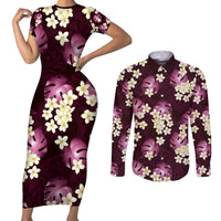 Pink Tropical Hawaii Couples Matching Short Sleeve Bodycon Dress and Long Sleeve Button Shirt Seamless Monstera Plumeria Hawaiian Pattern LT14 Pink - Polynesian Pride