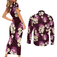 Pink Tropical Hawaii Couples Matching Short Sleeve Bodycon Dress and Long Sleeve Button Shirt Seamless Monstera Plumeria Hawaiian Pattern LT14 - Polynesian Pride