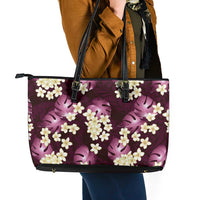 Pink Tropical Hawaii Leather Tote Bag Seamless Monstera Plumeria Hawaiian Pattern - Polynesian Pride