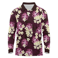 Pink Tropical Hawaii Long Sleeve Polo Shirt Seamless Monstera Plumeria Hawaiian Pattern - Polynesian Pride