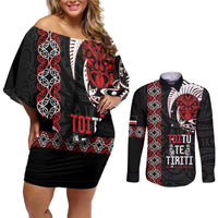 Aotearoa Toitu Te Tiriti Couples Matching Off Shoulder Short Dress and Long Sleeve Button Shirt Honour The Treaty Maori Haka LT14 Black - Polynesian Pride