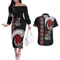 Aotearoa Toitu Te Tiriti Couples Matching Off The Shoulder Long Sleeve Dress and Hawaiian Shirt Honour The Treaty Maori Haka LT14 Black - Polynesian Pride