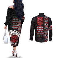 Aotearoa Toitu Te Tiriti Couples Matching Off The Shoulder Long Sleeve Dress and Long Sleeve Button Shirt Honour The Treaty Maori Haka LT14 - Polynesian Pride