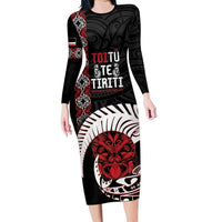Aotearoa Toitu Te Tiriti Family Matching Long Sleeve Bodycon Dress and Hawaiian Shirt Honour The Treaty Maori Haka LT14 Mom's Dress Black - Polynesian Pride