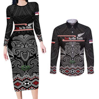 Aotearoa Toitu Te Tiriti Couples Matching Long Sleeve Bodycon Dress and Long Sleeve Button Shirt Stand Together! Stand Stronger! - NZ Tiki LT14 Black - Polynesian Pride