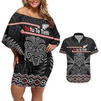 Aotearoa Toitu Te Tiriti Couples Matching Off Shoulder Short Dress and Hawaiian Shirt Stand Together! Stand Stronger! - NZ Tiki LT14 Black - Polynesian Pride
