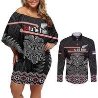 Aotearoa Toitu Te Tiriti Couples Matching Off Shoulder Short Dress and Long Sleeve Button Shirt Stand Together! Stand Stronger! - NZ Tiki LT14 Black - Polynesian Pride