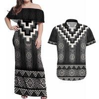 Black Taniko Aotearoa Couples Matching Off Shoulder Maxi Dress and Hawaiian Shirt Niho Taniwha Mix Poutama LT14 Black - Polynesian Pride