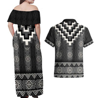 Black Taniko Aotearoa Couples Matching Off Shoulder Maxi Dress and Hawaiian Shirt Niho Taniwha Mix Poutama LT14 - Polynesian Pride