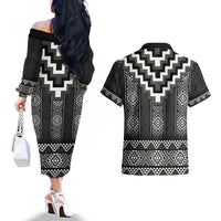 Black Taniko Aotearoa Couples Matching Off The Shoulder Long Sleeve Dress and Hawaiian Shirt Niho Taniwha Mix Poutama LT14 - Polynesian Pride