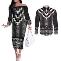 Black Taniko Aotearoa Couples Matching Off The Shoulder Long Sleeve Dress and Long Sleeve Button Shirt Niho Taniwha Mix Poutama LT14 Black - Polynesian Pride