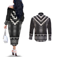 Black Taniko Aotearoa Couples Matching Off The Shoulder Long Sleeve Dress and Long Sleeve Button Shirt Niho Taniwha Mix Poutama LT14 - Polynesian Pride