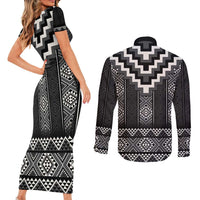 Black Taniko Aotearoa Couples Matching Short Sleeve Bodycon Dress and Long Sleeve Button Shirt Niho Taniwha Mix Poutama LT14 - Polynesian Pride