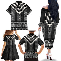 Black Taniko Aotearoa Family Matching Off The Shoulder Long Sleeve Dress and Hawaiian Shirt Niho Taniwha Mix Poutama LT14 - Polynesian Pride