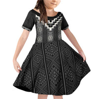 Black Taniko Aotearoa Family Matching Off Shoulder Short Dress and Hawaiian Shirt Niho Taniwha Mix Poutama LT14 Daughter's Dress Black - Polynesian Pride