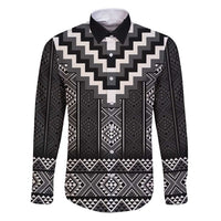 Black Taniko Aotearoa Family Matching Puletasi and Hawaiian Shirt Niho Taniwha Mix Poutama LT14 Dad's Shirt - Long Sleeve Black - Polynesian Pride