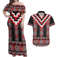Red Taniko Aotearoa Couples Matching Off Shoulder Maxi Dress and Hawaiian Shirt Niho Taniwha Mix Poutama LT14 Red - Polynesian Pride