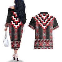 Red Taniko Aotearoa Couples Matching Off The Shoulder Long Sleeve Dress and Hawaiian Shirt Niho Taniwha Mix Poutama LT14 - Polynesian Pride