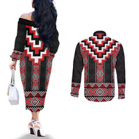Red Taniko Aotearoa Couples Matching Off The Shoulder Long Sleeve Dress and Long Sleeve Button Shirt Niho Taniwha Mix Poutama LT14 - Polynesian Pride