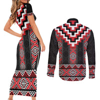 Red Taniko Aotearoa Couples Matching Short Sleeve Bodycon Dress and Long Sleeve Button Shirt Niho Taniwha Mix Poutama LT14 - Polynesian Pride
