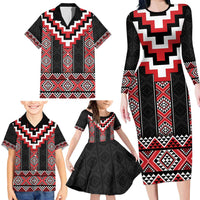 Red Taniko Aotearoa Family Matching Long Sleeve Bodycon Dress and Hawaiian Shirt Niho Taniwha Mix Poutama LT14 - Polynesian Pride