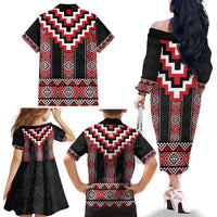 Red Taniko Aotearoa Family Matching Off The Shoulder Long Sleeve Dress and Hawaiian Shirt Niho Taniwha Mix Poutama LT14 - Polynesian Pride