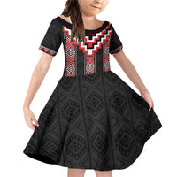 Red Taniko Aotearoa Family Matching Off Shoulder Short Dress and Hawaiian Shirt Niho Taniwha Mix Poutama LT14 Daughter's Dress Red - Polynesian Pride