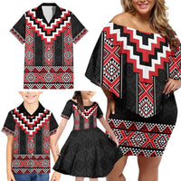 Red Taniko Aotearoa Family Matching Off Shoulder Short Dress and Hawaiian Shirt Niho Taniwha Mix Poutama LT14 - Polynesian Pride