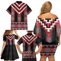 Red Taniko Aotearoa Family Matching Off Shoulder Short Dress and Hawaiian Shirt Niho Taniwha Mix Poutama LT14 - Polynesian Pride