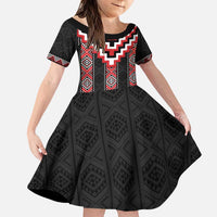 Red Taniko Aotearoa Family Matching Puletasi and Hawaiian Shirt Niho Taniwha Mix Poutama LT14 Daughter's Dress Red - Polynesian Pride