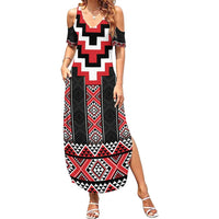 Red Taniko Aotearoa Family Matching Summer Maxi Dress and Hawaiian Shirt Niho Taniwha Mix Poutama LT14 Mom's Dress Red - Polynesian Pride