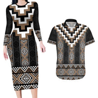 Brown Taniko Aotearoa Couples Matching Long Sleeve Bodycon Dress and Hawaiian Shirt Niho Taniwha Mix Poutama LT14 Brown - Polynesian Pride