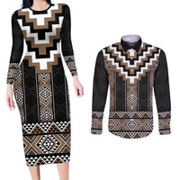 Brown Taniko Aotearoa Couples Matching Long Sleeve Bodycon Dress and Long Sleeve Button Shirt Niho Taniwha Mix Poutama LT14 Brown - Polynesian Pride