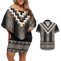 Brown Taniko Aotearoa Couples Matching Off Shoulder Short Dress and Hawaiian Shirt Niho Taniwha Mix Poutama LT14 Brown - Polynesian Pride