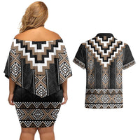 Brown Taniko Aotearoa Couples Matching Off Shoulder Short Dress and Hawaiian Shirt Niho Taniwha Mix Poutama LT14 - Polynesian Pride