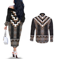 Brown Taniko Aotearoa Couples Matching Off The Shoulder Long Sleeve Dress and Long Sleeve Button Shirt Niho Taniwha Mix Poutama LT14 - Polynesian Pride