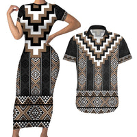 Brown Taniko Aotearoa Couples Matching Short Sleeve Bodycon Dress and Hawaiian Shirt Niho Taniwha Mix Poutama LT14 Brown - Polynesian Pride