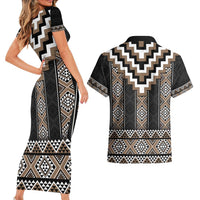 Brown Taniko Aotearoa Couples Matching Short Sleeve Bodycon Dress and Hawaiian Shirt Niho Taniwha Mix Poutama LT14 - Polynesian Pride
