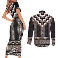 Brown Taniko Aotearoa Couples Matching Short Sleeve Bodycon Dress and Long Sleeve Button Shirt Niho Taniwha Mix Poutama LT14 - Polynesian Pride