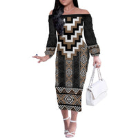Brown Taniko Aotearoa Family Matching Off The Shoulder Long Sleeve Dress and Hawaiian Shirt Niho Taniwha Mix Poutama LT14 Mom's Dress Brown - Polynesian Pride