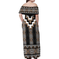 Brown Taniko Aotearoa Family Matching Off Shoulder Maxi Dress and Hawaiian Shirt Niho Taniwha Mix Poutama LT14 - Polynesian Pride