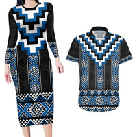 Blue Taniko Aotearoa Couples Matching Long Sleeve Bodycon Dress and Hawaiian Shirt Niho Taniwha Mix Poutama LT14 Blue - Polynesian Pride