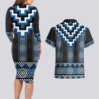 Blue Taniko Aotearoa Couples Matching Long Sleeve Bodycon Dress and Hawaiian Shirt Niho Taniwha Mix Poutama LT14 - Polynesian Pride