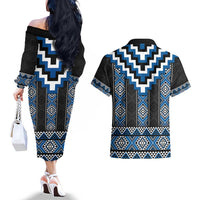 Blue Taniko Aotearoa Couples Matching Off The Shoulder Long Sleeve Dress and Hawaiian Shirt Niho Taniwha Mix Poutama LT14 - Polynesian Pride